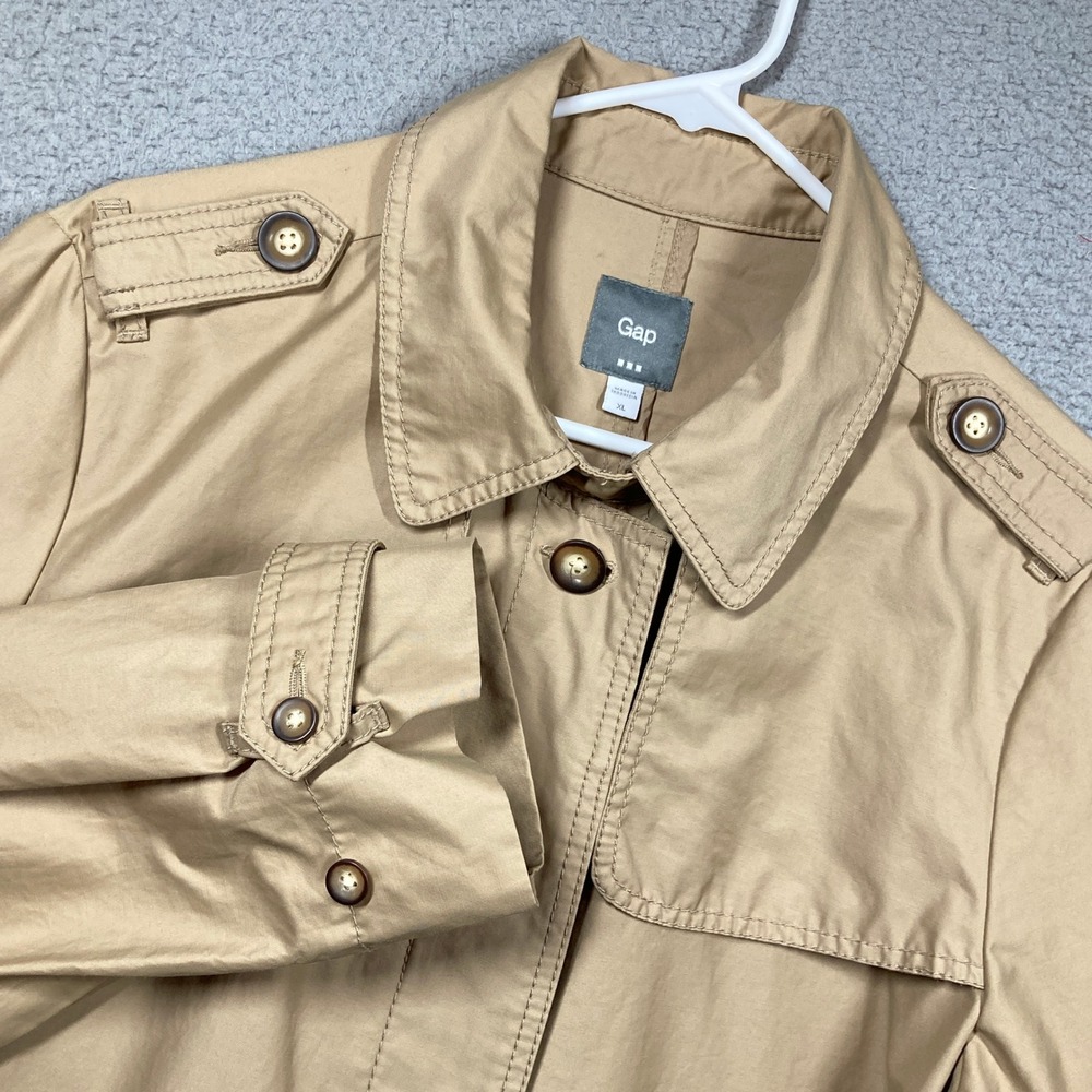 Gap Trench Coat Womens XL Tan Khaki Cotton Blend Epaulettes Mac Jacket FLAW